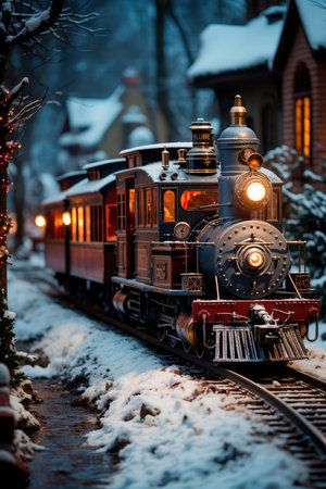 Concept illustration of an illustration depicting a gingerbread train traveling on snow-covered rails through a village decorated in a festive theme. Generative AIの素材
