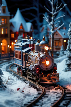 Concept illustration of an illustration depicting a gingerbread train traveling on snow-covered rails through a village decorated in a festive theme. Generative AIの素材