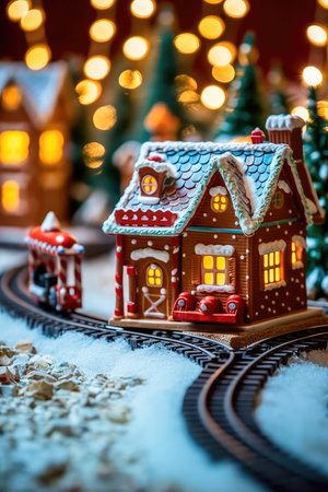 Concept illustration of an illustration depicting a gingerbread train traveling on snow-covered rails through a village decorated in a festive theme. Generative AIの素材