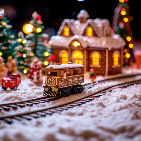 Concept illustration of an illustration depicting a gingerbread train traveling on snow-covered rails through a village decorated in a festive theme. Generative AIの素材