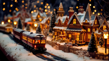 Concept illustration of an illustration depicting a gingerbread train traveling on snow-covered rails through a village decorated in a festive theme. Generative AIの素材