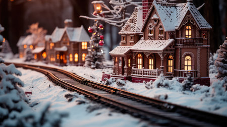 Concept illustration of an illustration depicting a gingerbread train traveling on snow-covered rails through a village decorated in a festive theme. Generative AIの素材