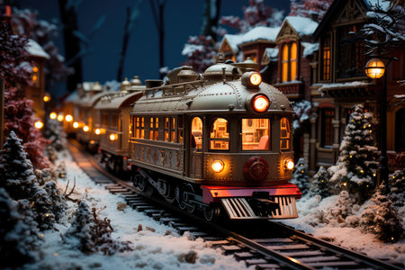 Concept illustration of an illustration depicting a gingerbread train traveling on snow-covered rails through a village decorated in a festive theme. Generative AIの素材