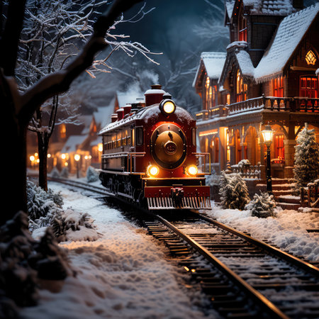 Concept illustration of an illustration depicting a gingerbread train traveling on snow-covered rails through a village decorated in a festive theme. Generative AIの素材