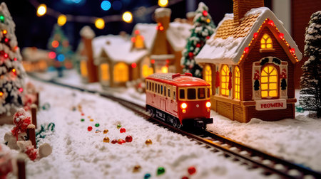 Concept illustration of an illustration depicting a gingerbread train traveling on snow-covered rails through a village decorated in a festive theme. Generative AIの素材