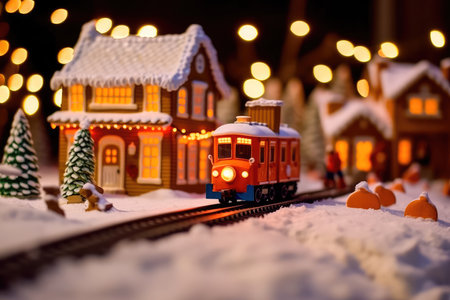Concept illustration of an illustration depicting a gingerbread train traveling on snow-covered rails through a village decorated in a festive theme. Generative AIの素材