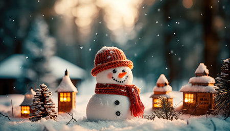 Concept illustration of a snowman in a winter Christmas scene with snow, pine trees and warm light. Generative AIの素材