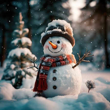 Concept illustration of a snowman in a winter Christmas scene with snow, pine trees and warm light. Generative AIの素材