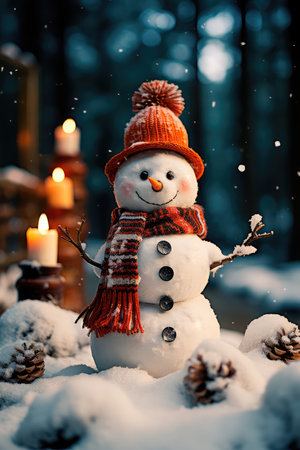 Concept illustration of a snowman in a winter Christmas scene with snow, pine trees and warm light. Generative AIの素材