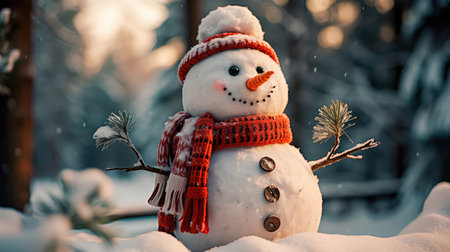 Concept illustration of a snowman in a winter Christmas scene with snow, pine trees and warm light. Generative AIの素材