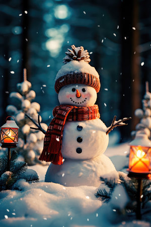 Concept illustration of a snowman in a winter Christmas scene with snow, pine trees and warm light. Generative AIの素材