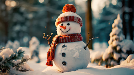 Concept illustration of a snowman in a winter Christmas scene with snow, pine trees and warm light. Generative AIの素材