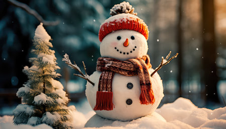 Concept illustration of a snowman in a winter Christmas scene with snow, pine trees and warm light. Generative AIの素材