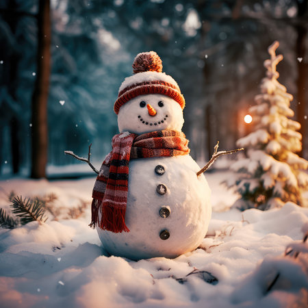 Concept illustration of a snowman in a winter Christmas scene with snow, pine trees and warm light. Generative AIの素材
