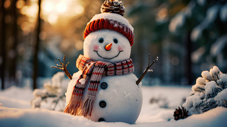 Concept illustration of a snowman in a winter Christmas scene with snow, pine trees and warm light. Generative AIの素材