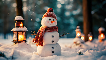 Concept illustration of a snowman in a winter Christmas scene with snow, pine trees and warm light. Generative AIの素材