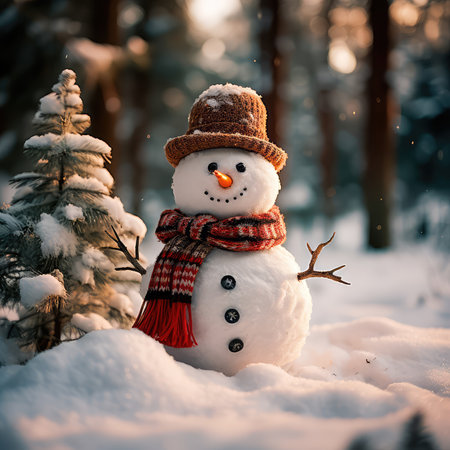 Concept illustration of a snowman in a winter Christmas scene with snow, pine trees and warm light. Generative AIの素材
