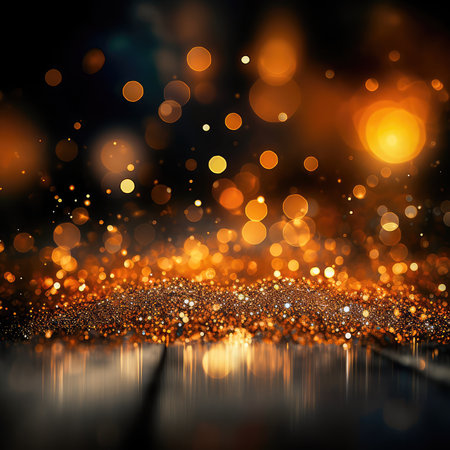 Concept illustration of a abstract luxury gold background with gold particle. Glitter vintage lights background. Christmas Golden light shine particles. Generative AIの素材