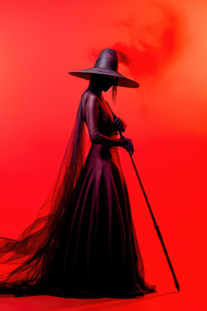 Concept illustration of an illustration of a devilish cruel mysterious woman in a Gothic witch dress holding a flying broom isolated by a red background. Generative AIの素材