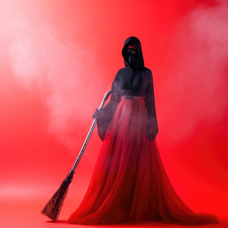 Concept illustration of an illustration of a devilish cruel mysterious woman in a Gothic witch dress holding a flying broom isolated by a red background. Generative AIの素材