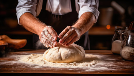 Concept illustration of a chef kneads the dough. Making dough with your hands in a bakery. Generative AIの素材