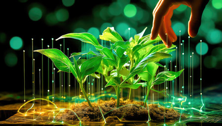 Concept illustration of a uniting Technology and Plant Life, Cyber plants, future, seedlings, farming, leaves. Generative AIの素材