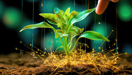 Concept illustration of a uniting Technology and Plant Life, Cyber plants, future, seedlings, farming, leaves. Generative AIの素材