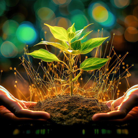 Concept illustration of a uniting Technology and Plant Life, Cyber plants, future, seedlings, farming, leaves. Generative AIの素材