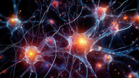 Concept illustration of a illustration of a human nerve cell on a dark blue background with light effects. The nerve cell interacts by means of a light pulse. Generative AIの素材