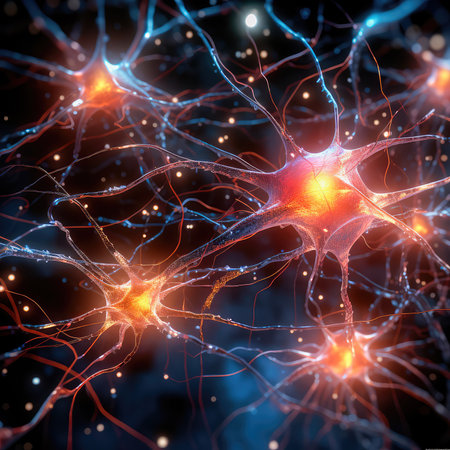 Concept illustration of a illustration of a human nerve cell on a dark blue background with light effects. The nerve cell interacts by means of a light pulse. Generative AIの素材