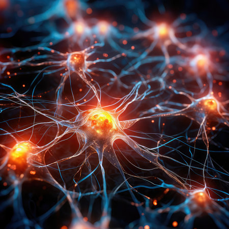 Concept illustration of a illustration of a human nerve cell on a dark blue background with light effects. The nerve cell interacts by means of a light pulse. Generative AIの素材