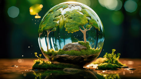 Concept illustration of a crystal Earth, the concept of preserving a green planet with a green earth under a blue sky in a protective shell. Generative AIの素材