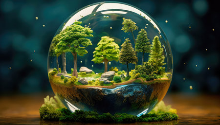 Concept illustration of a crystal Earth, the concept of preserving a green planet with a green earth under a blue sky in a protective shell. Generative AIの素材