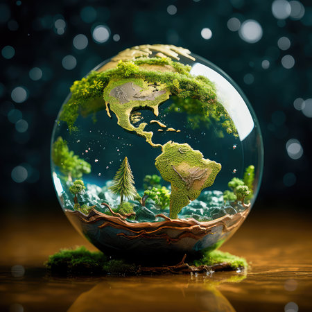 Concept illustration of a crystal Earth, the concept of preserving a green planet with a green earth under a blue sky in a protective shell. Generative AIの素材