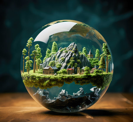Concept illustration of a crystal Earth, the concept of preserving a green planet with a green earth under a blue sky in a protective shell. Generative AIの素材
