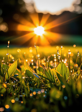 Concept illustration of a sunlit field of fresh green grass with dew drops close-up. A wonderful artistic image of the purity and freshness of nature. Generative AIの素材