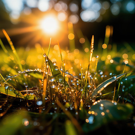 Concept illustration of a sunlit field of fresh green grass with dew drops close-up. A wonderful artistic image of the purity and freshness of nature. Generative AIの素材