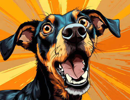 Concept illustration of a multicolored background with the image of a hungry dog, with funny facial expressions. Generative AIの素材