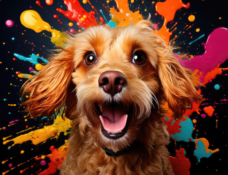 Concept illustration of a multicolored background with the image of a hungry dog, with funny facial expressions. Generative AIの素材