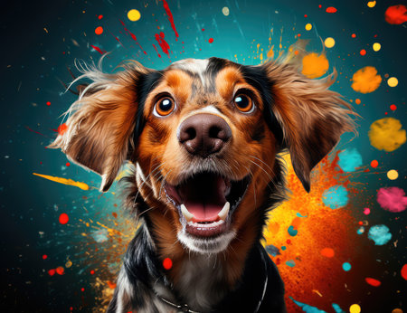 Concept illustration of a multicolored background with the image of a hungry dog, with funny facial expressions. Generative AIの素材