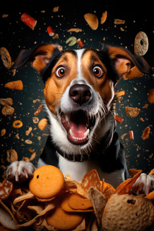 Concept illustration of a multicolored background with the image of a hungry dog, with funny facial expressions. Generative AIの素材