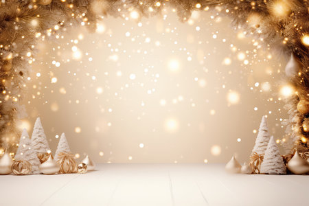 Concept illustration of a Christmas Holiday Background, Christmas table background with decorated Christmas tree and garlands. Beautiful Empty Christmas room. Generative AIの素材