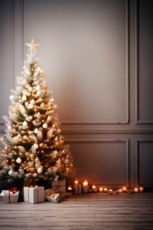 Concept illustration of a Christmas Holiday Background, Christmas table background with decorated Christmas tree and garlands. Beautiful Empty Christmas room. Generative AIの素材