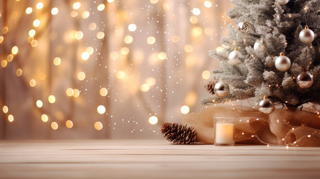Concept illustration of a Christmas Holiday Background, Christmas table background with decorated Christmas tree and garlands. Beautiful Empty Christmas room. Generative AIの素材