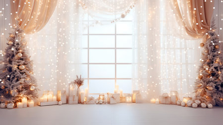 Concept illustration of a Christmas Holiday Background, Christmas table background with decorated Christmas tree and garlands. Beautiful Empty Christmas room. Generative AIの素材