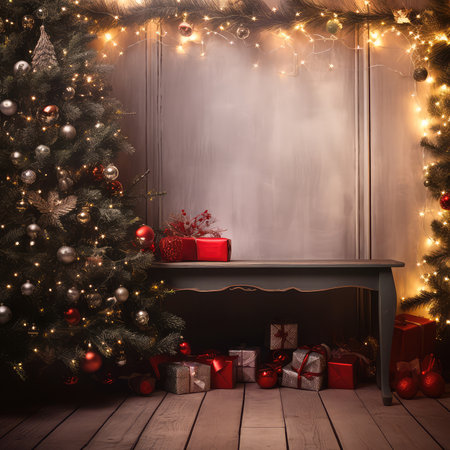 Concept illustration of a Christmas Holiday Background, Christmas table background with decorated Christmas tree and garlands. Beautiful Empty Christmas room. Generative AIの素材