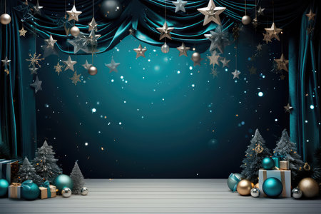 Concept illustration of a Christmas Holiday Background, Christmas table background with decorated Christmas tree and garlands. Beautiful Empty Christmas room. Generative AIの素材