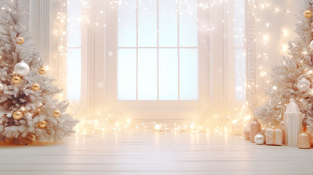 Concept illustration of a Christmas Holiday Background, Christmas table background with decorated Christmas tree and garlands. Beautiful Empty Christmas room. Generative AIの素材