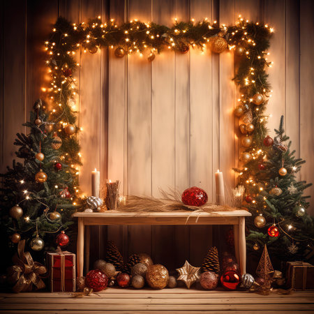 Concept illustration of a Christmas Holiday Background, Christmas table background with decorated Christmas tree and garlands. Beautiful Empty Christmas room. Generative AIの素材