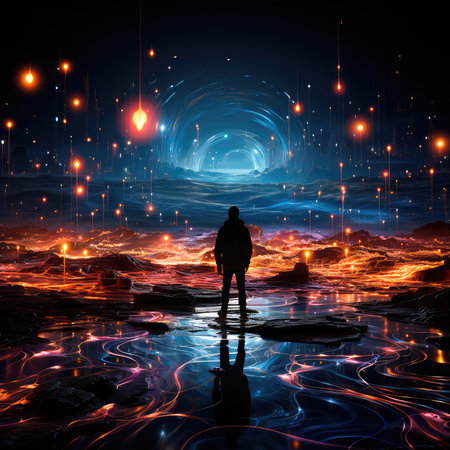 In this gloomy and atmospheric design, a lonely figure stands on a dark beach, peering into the vast expanses of the digital world. At the top, a swirling swirl of neon colors and social media icons is visible, testing to the all-encompassing power of the online world. The overall effect is intrusive and makes you think, hinting at the complexity of our relationship with social networks. Generative AIの素材